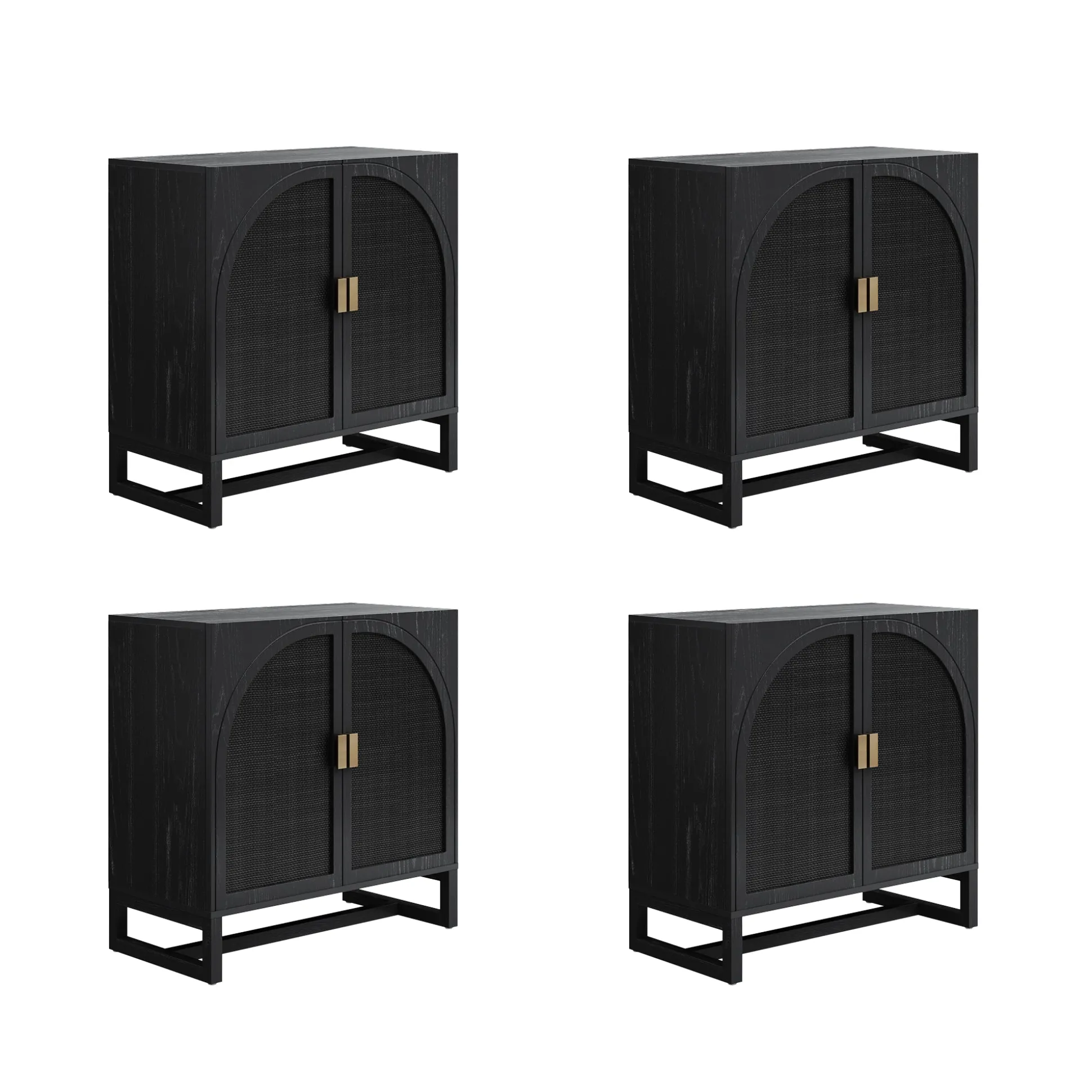 Arched Wooden Storage Credenza Black Rattan (Set of 4)