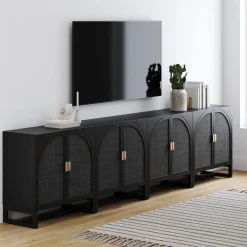 Arched Wooden Storage Credenza Black Rattan (Set of 4)