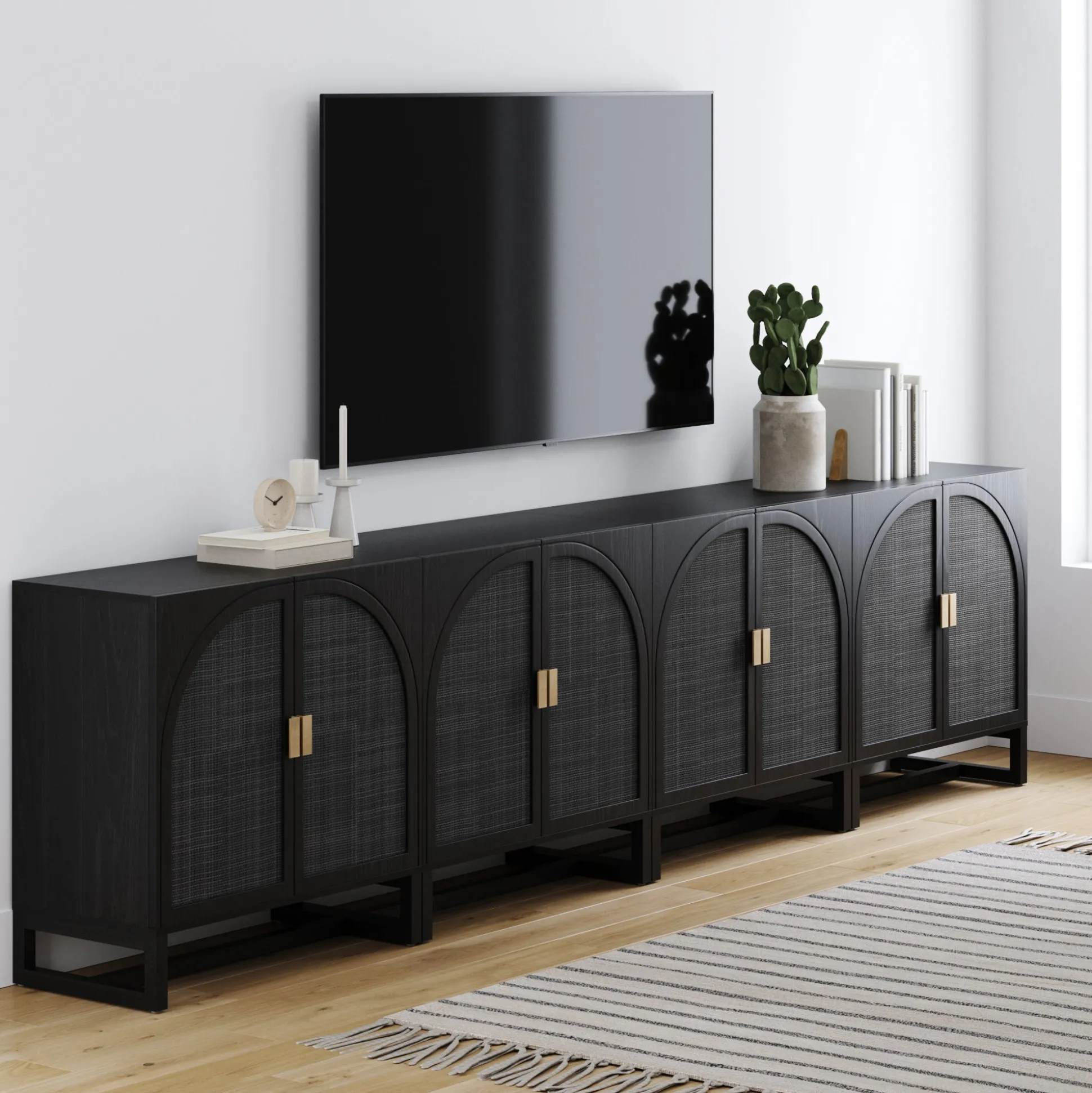 Arched Wooden Storage Credenza Black Rattan (Set of 4)
