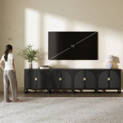 Arched Wooden Storage Credenza Black Rattan (Set of 4)