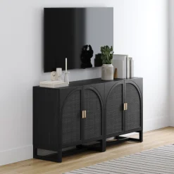 Arched Wooden Storage Credenza Black Rattan (Set of 2)