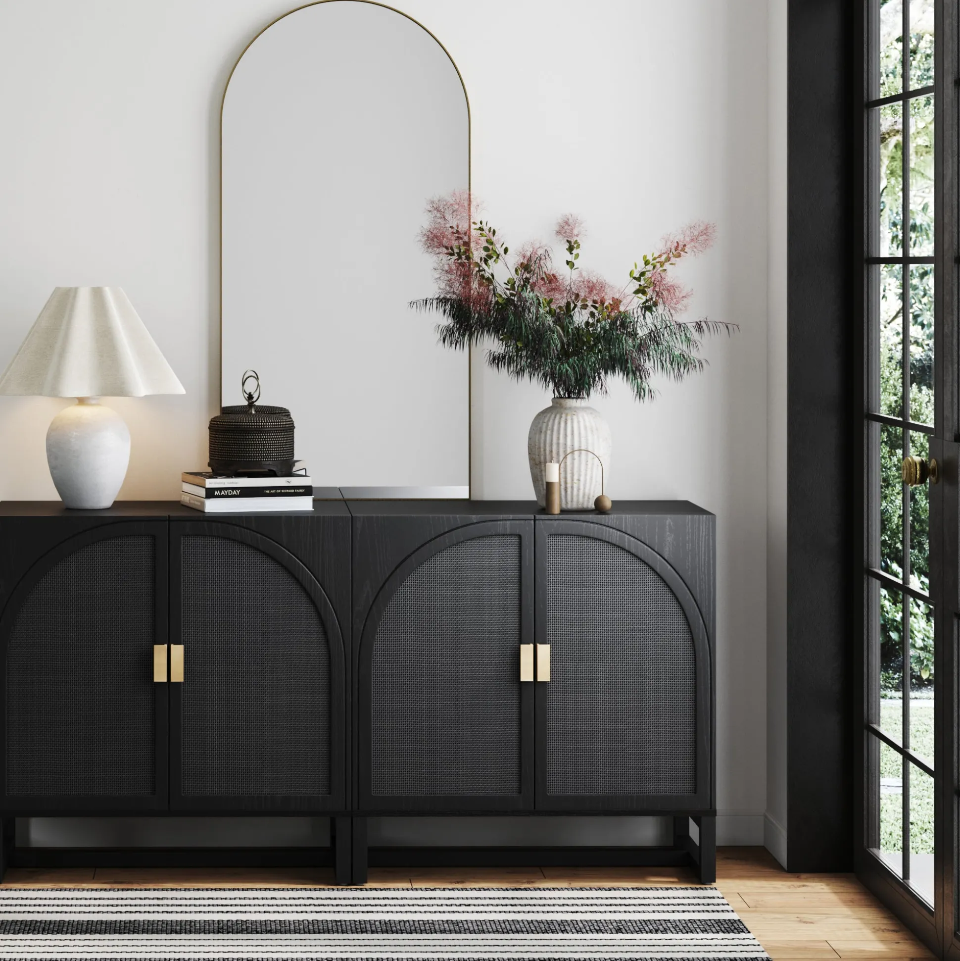 Arched Wooden Storage Credenza Black Rattan (Set of 2)