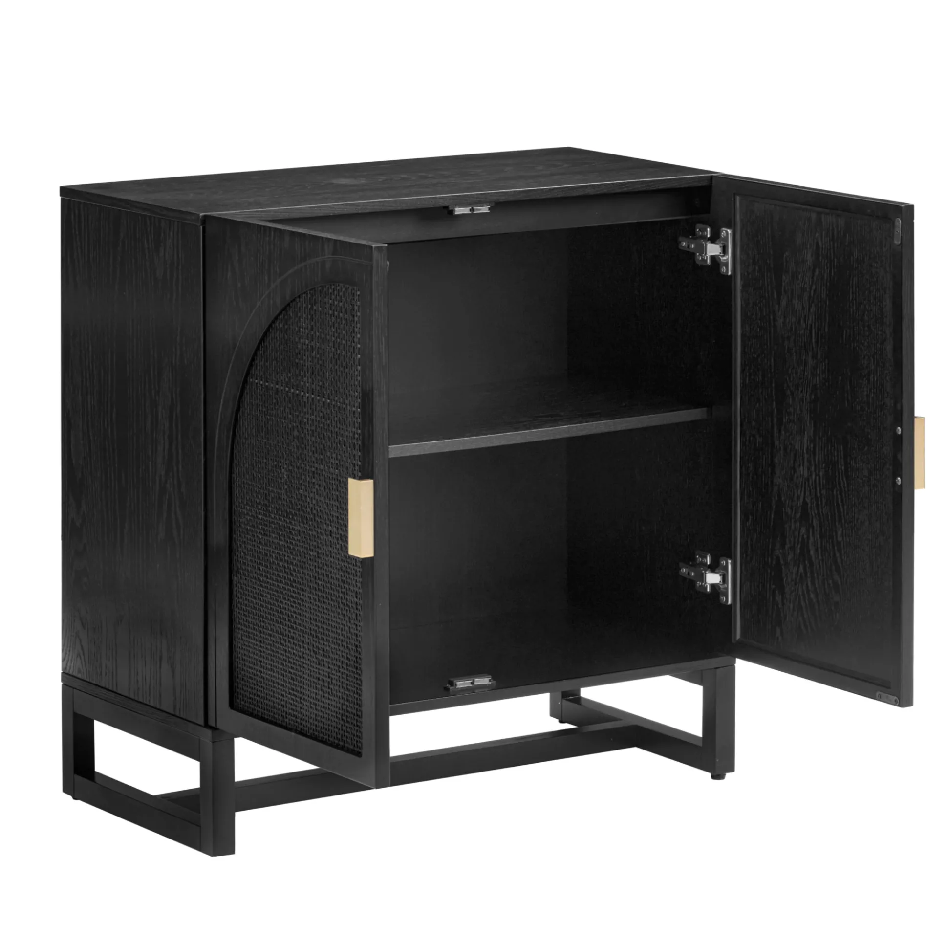 Arched Wooden Storage Credenza Black Rattan (Set of 2)