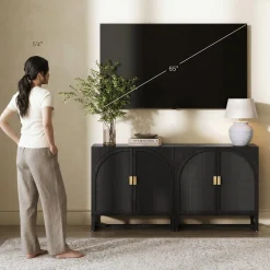 Arched Wooden Storage Credenza Black Rattan (Set of 2)