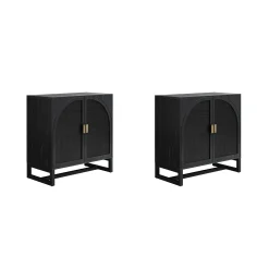 Arched Wooden Storage Credenza Black Rattan (Set of 2)