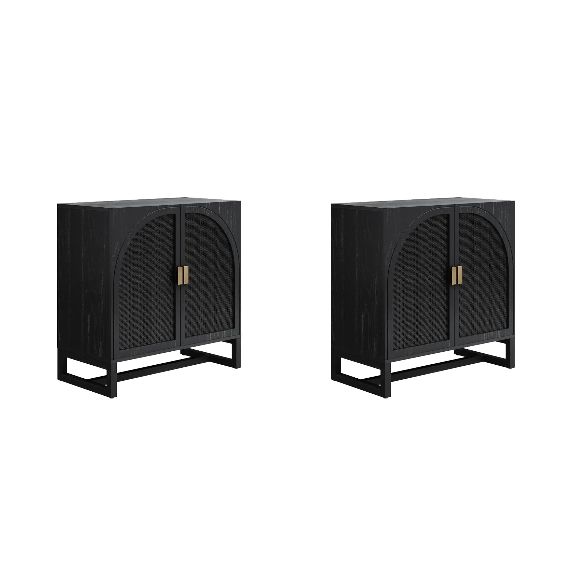 Arched Wooden Storage Credenza Black Rattan (Set of 2)