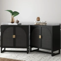 Arched Wooden Storage Credenza Black Rattan (Set of 2)