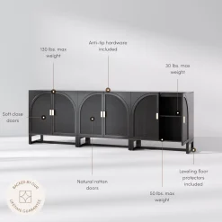 Arched Wooden Storage Credenza Black Rattan (Set of 3)