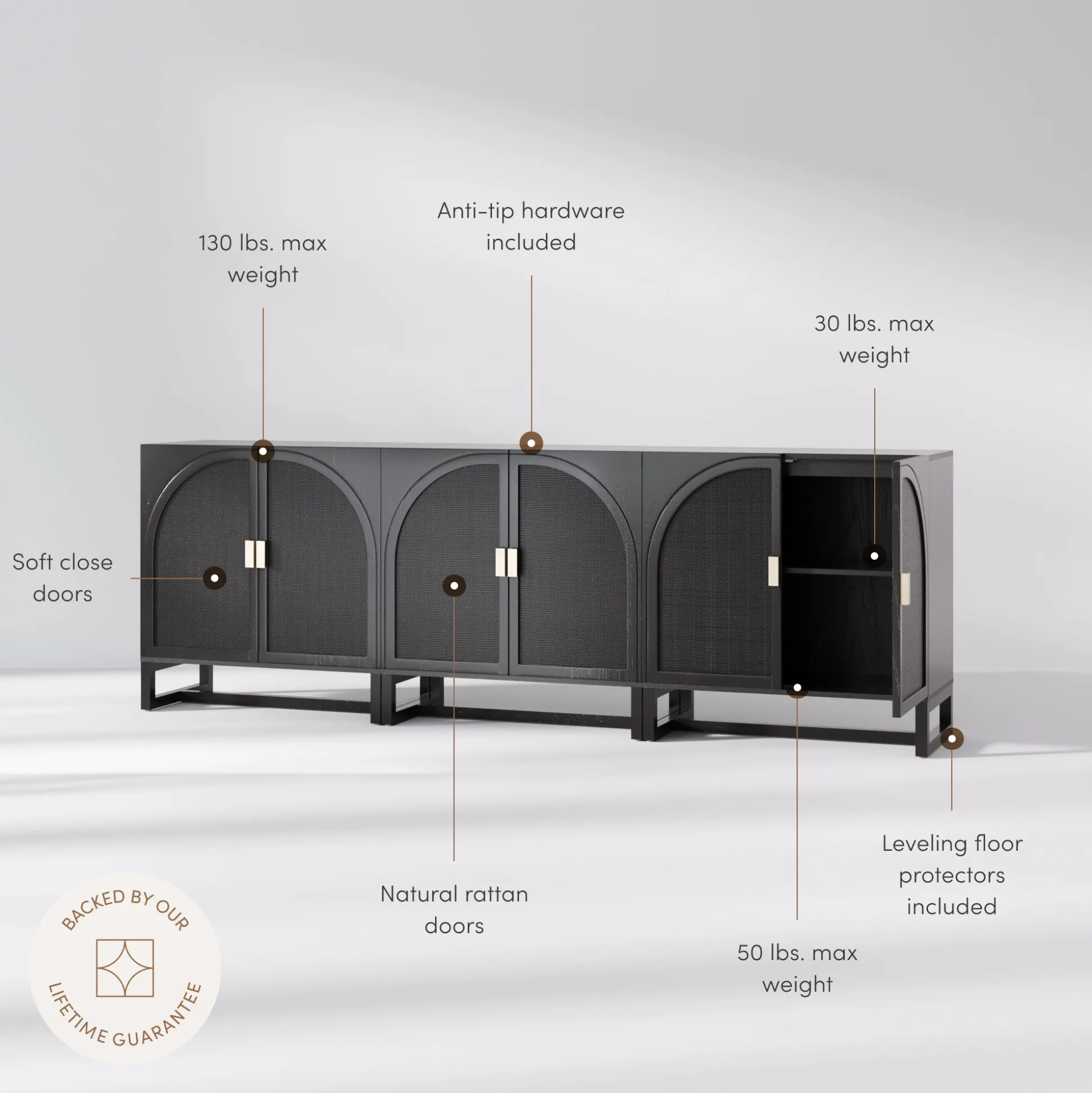 Arched Wooden Storage Credenza Black Rattan (Set of 3)