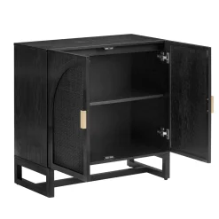 Arched Wooden Storage Credenza Black Rattan (Set of 3)