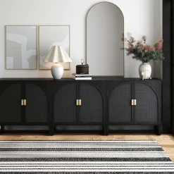 Arched Wooden Storage Credenza Black Rattan (Set of 3)