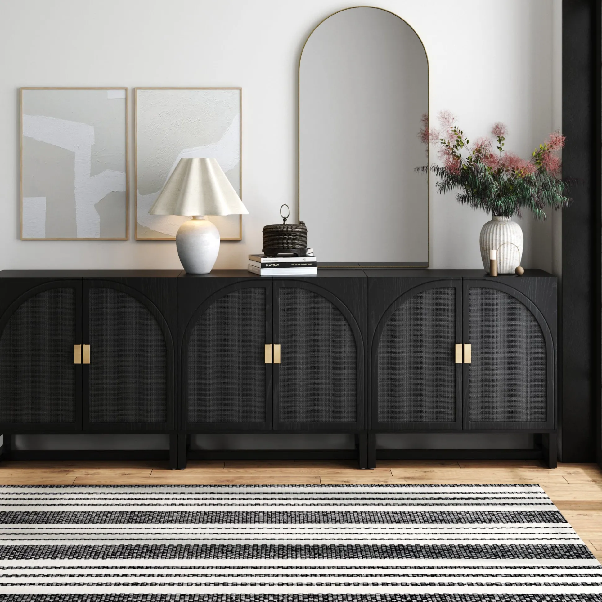 Arched Wooden Storage Credenza Black Rattan (Set of 3)