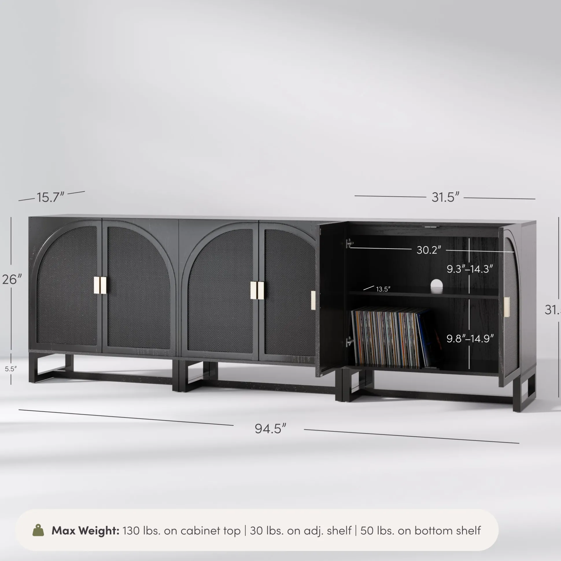 Arched Wooden Storage Credenza Black Rattan (Set of 3)
