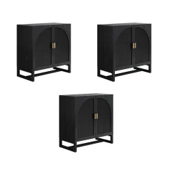 Arched Wooden Storage Credenza Black Rattan (Set of 3)