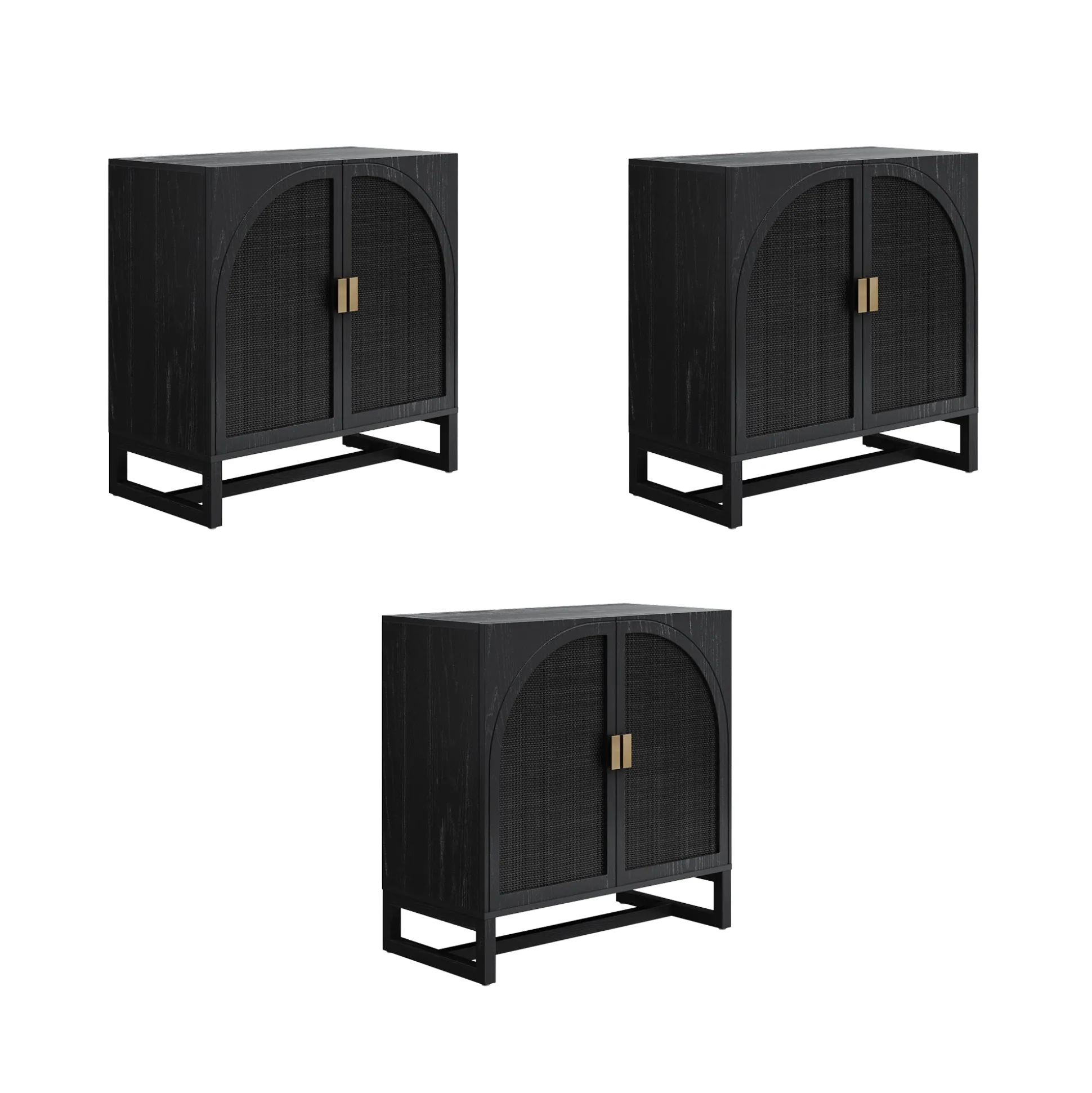 Arched Wooden Storage Credenza Black Rattan (Set of 3)