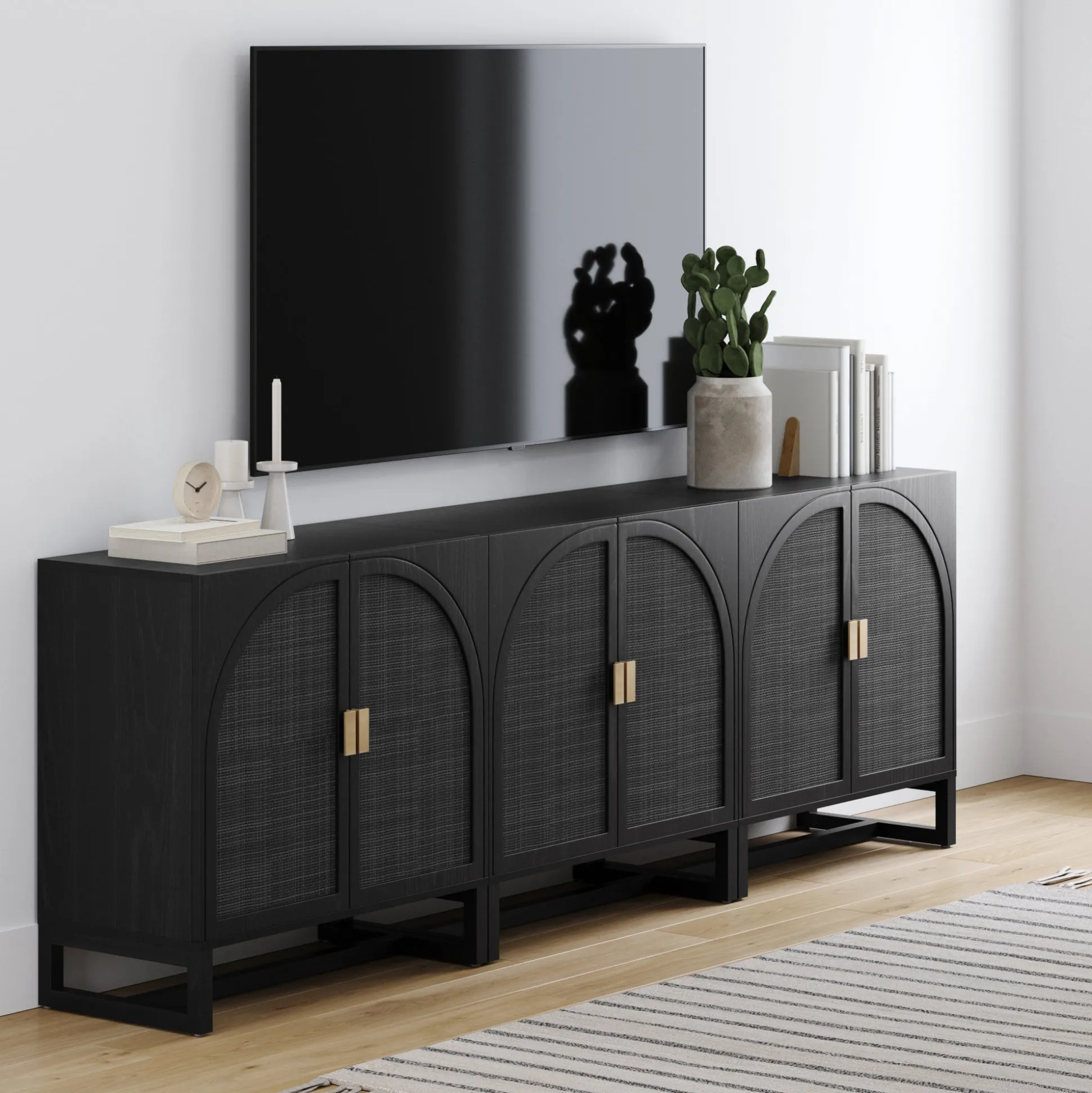 Arched Wooden Storage Credenza Black Rattan (Set of 3)