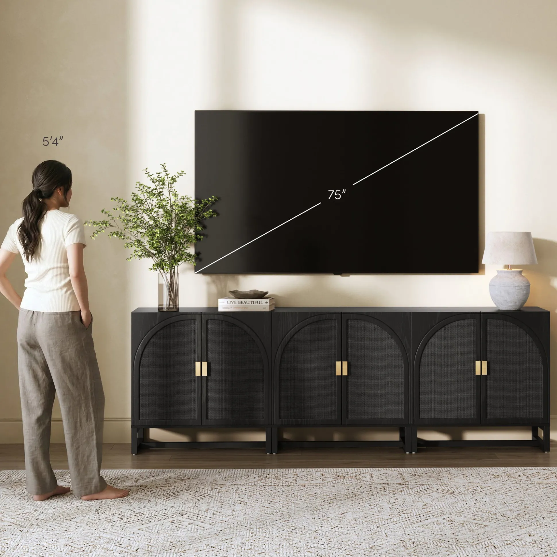 Arched Wooden Storage Credenza Black Rattan (Set of 3)