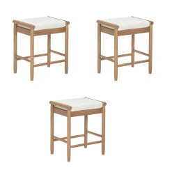 Backless Wooden Bar Stool with Boucle Upholstery Light Brown (Set of 3)