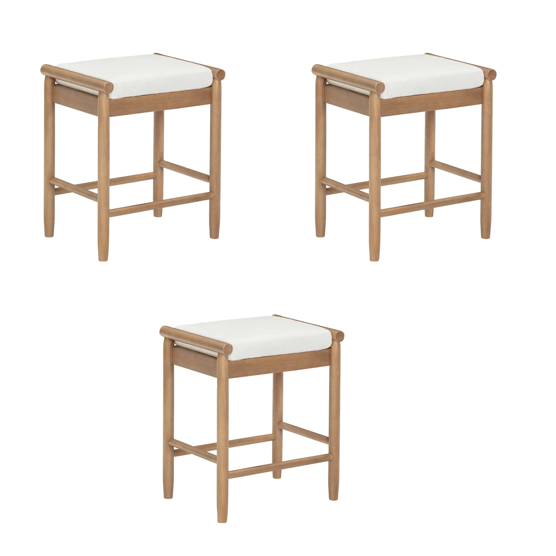 Backless Wooden Bar Stool with Boucle Upholstery Light Brown (Set of 3)