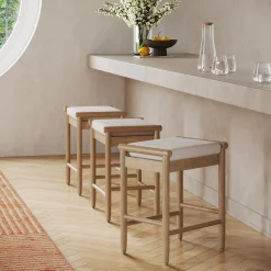 Backless Wooden Bar Stool with Boucle Upholstery Light Brown (Set of 3)