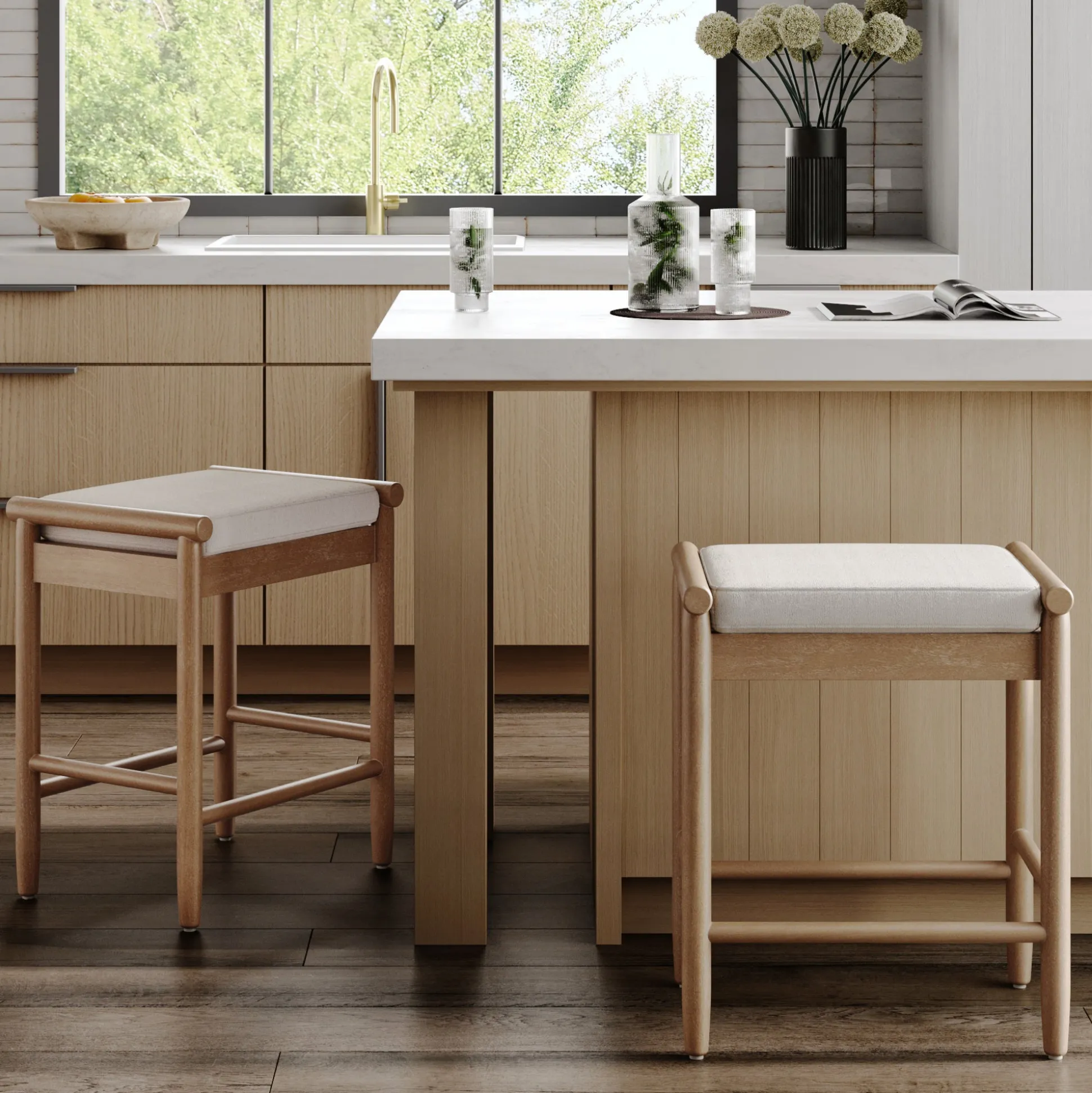 Backless Wooden Bar Stool with Boucle Upholstery Light Brown (Set of 2)