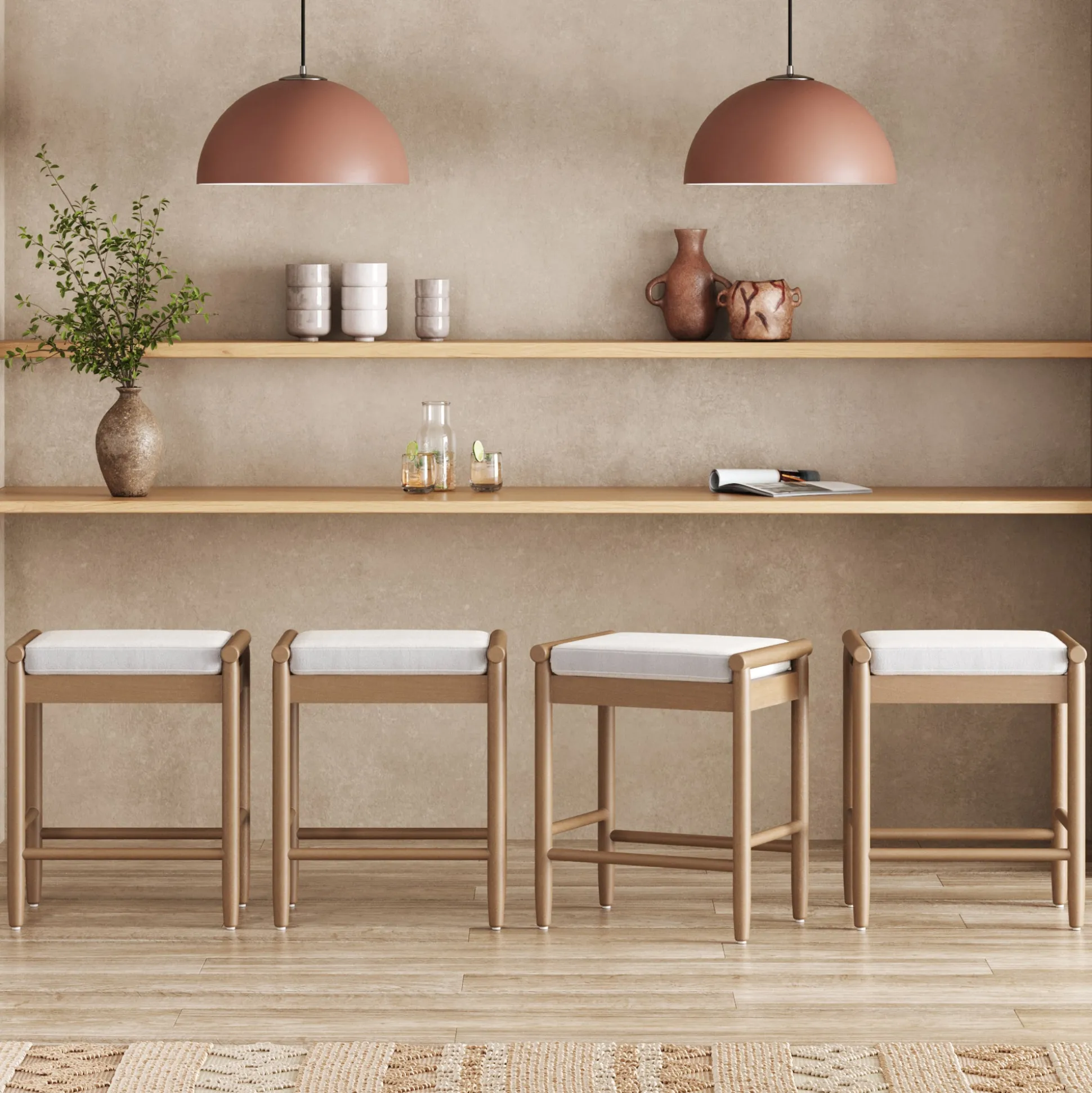 Backless Wooden Bar Stool with Boucle Upholstery Light Brown (Set of 4)