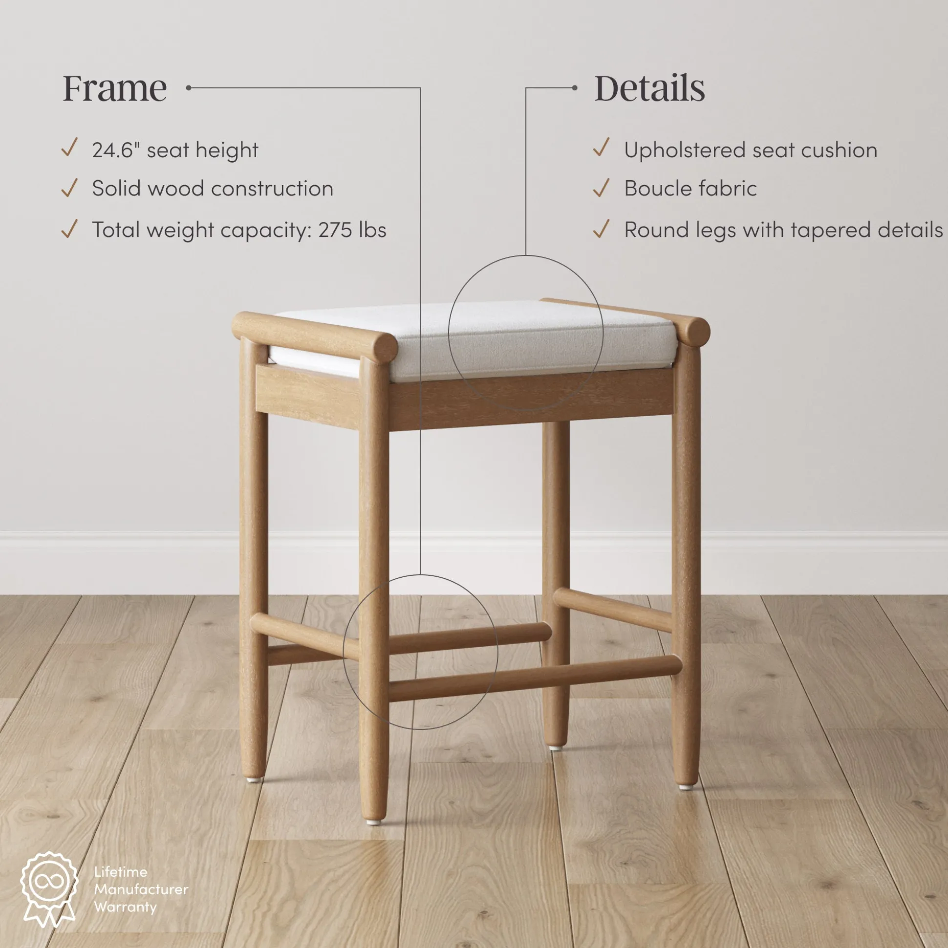 Backless Wooden Bar Stool with Boucle Upholstery Light Brown (Set of 4)