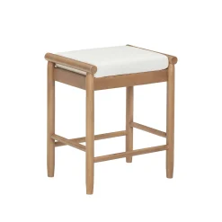 Backless Wooden Bar Stool with Boucle Upholstery Light Brown
