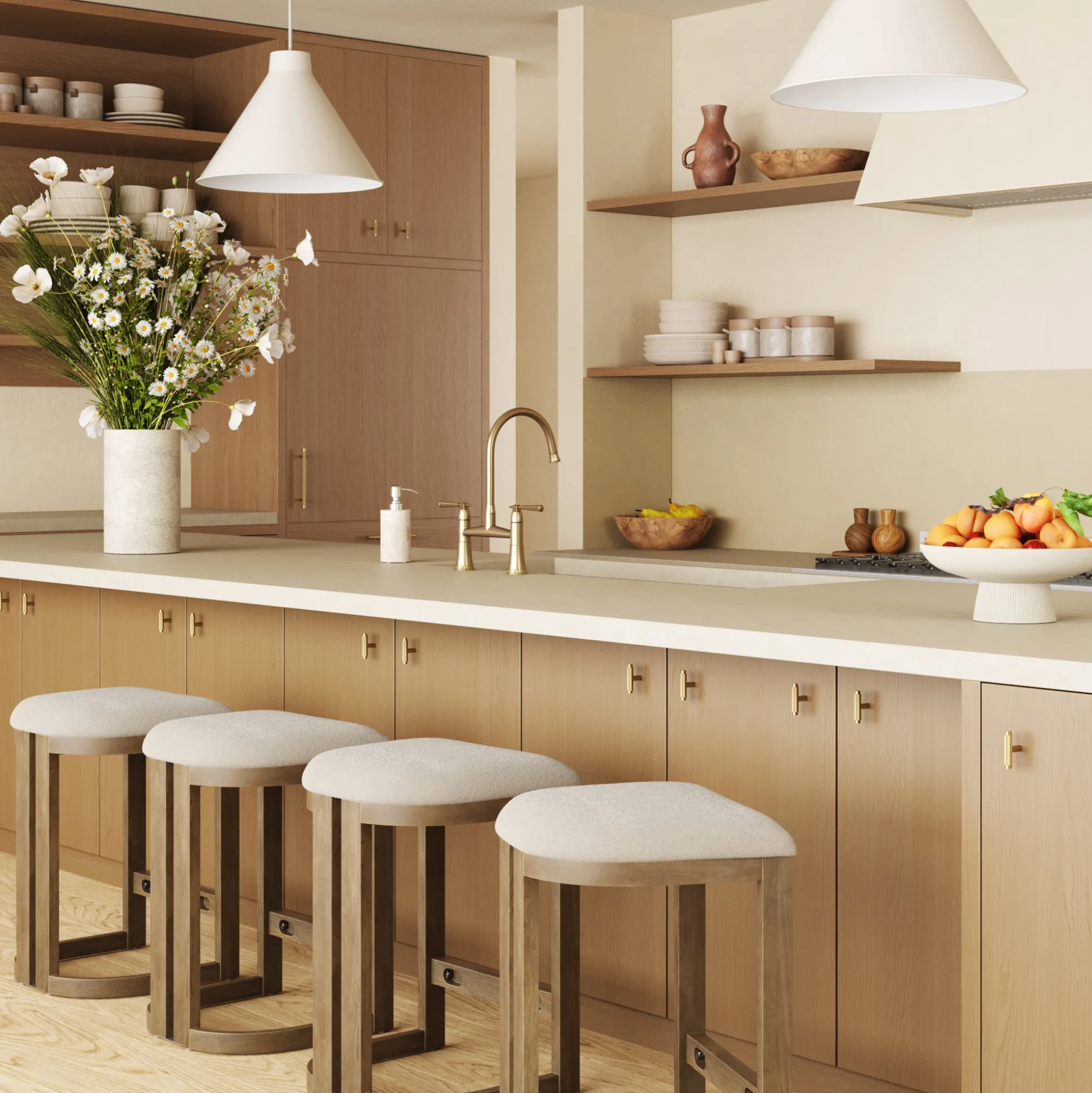 Barrel Wooden Backless Bar Stool Light Brown Set of 4