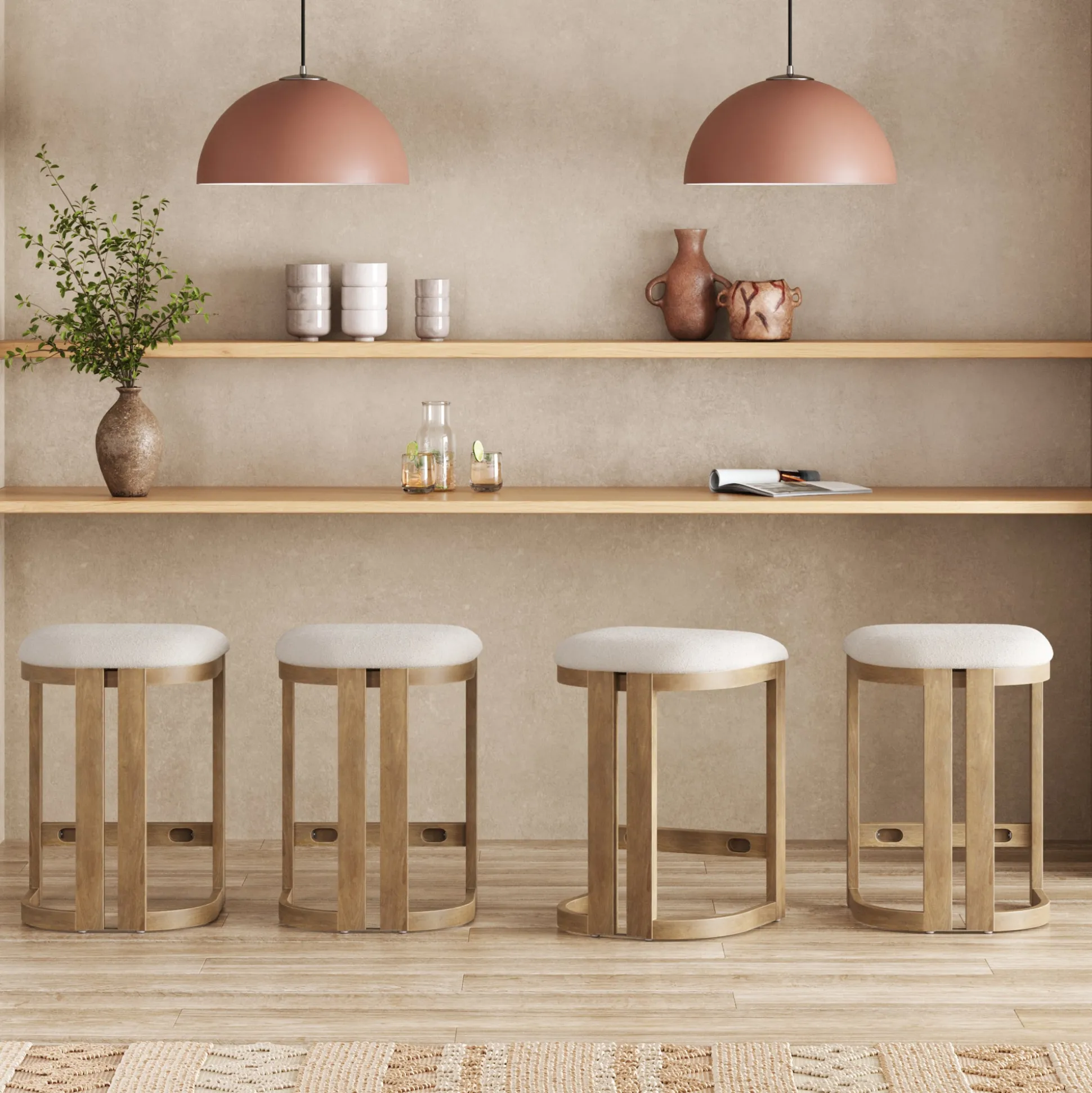 Barrel Wooden Backless Bar Stool Light Brown Set of 4
