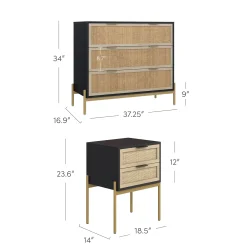 Black & Gold Rattan Nightstand and Dresser Set