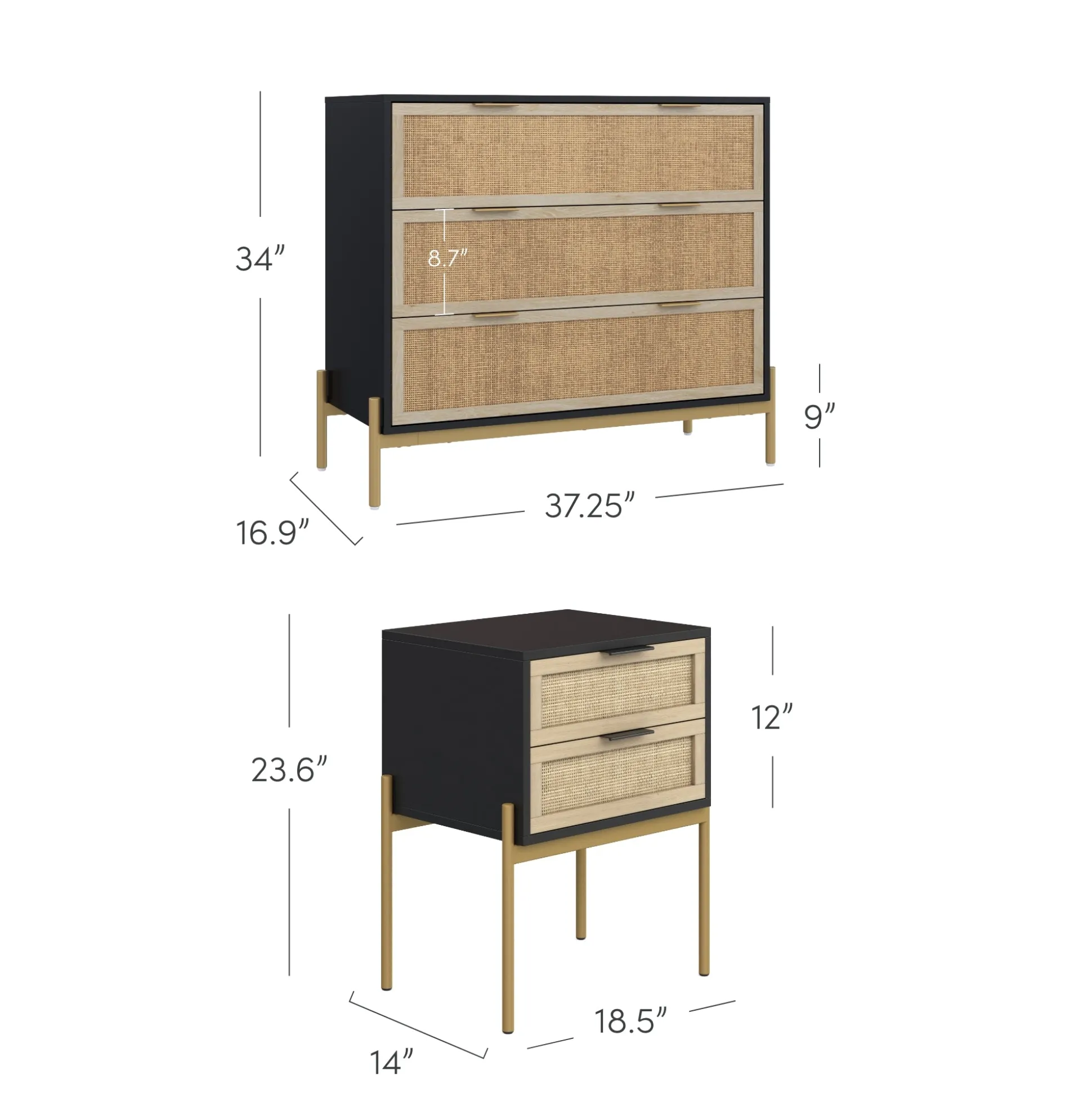 Black & Gold Rattan Nightstand and Dresser Set
