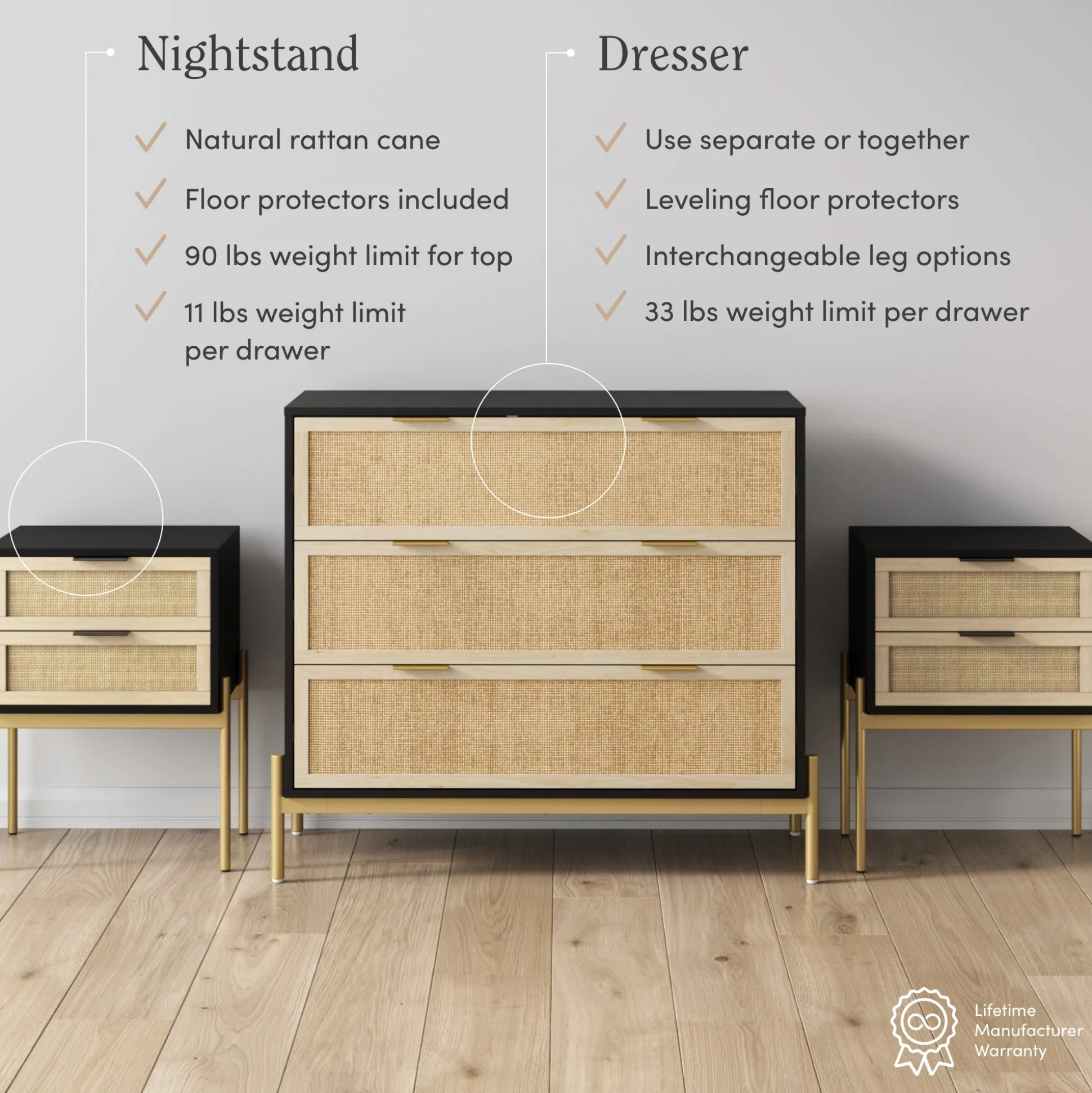 Black & Gold Rattan Nightstand and Dresser Set