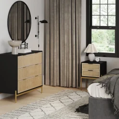 Black & Gold Rattan Nightstand and Dresser Set