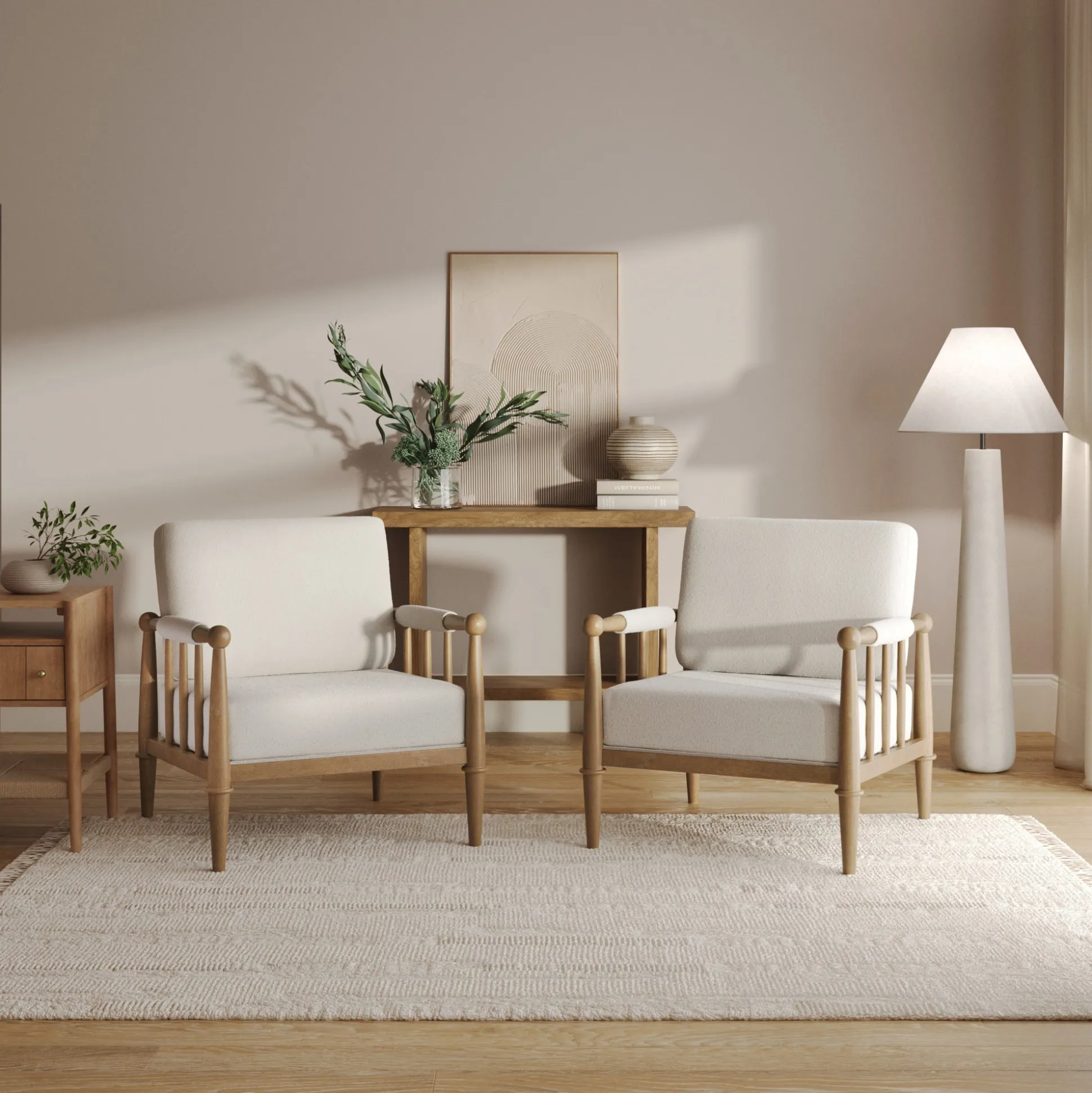Bohemian Boucle Accent Chair with Arm Cream Boucle (Set of 2)