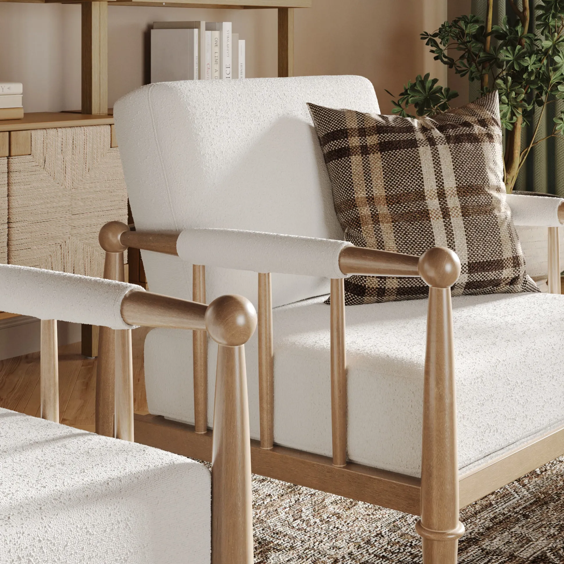 Bohemian Boucle Accent Chair with Arm Cream Boucle (Set of 2)