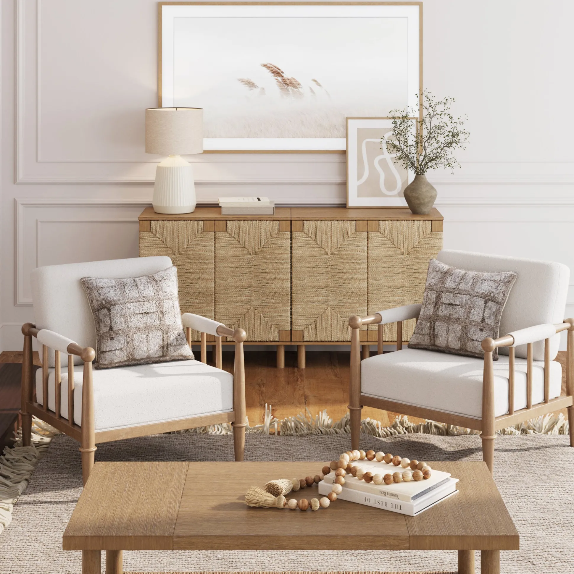 Bohemian Boucle Accent Chair with Arm Cream Boucle