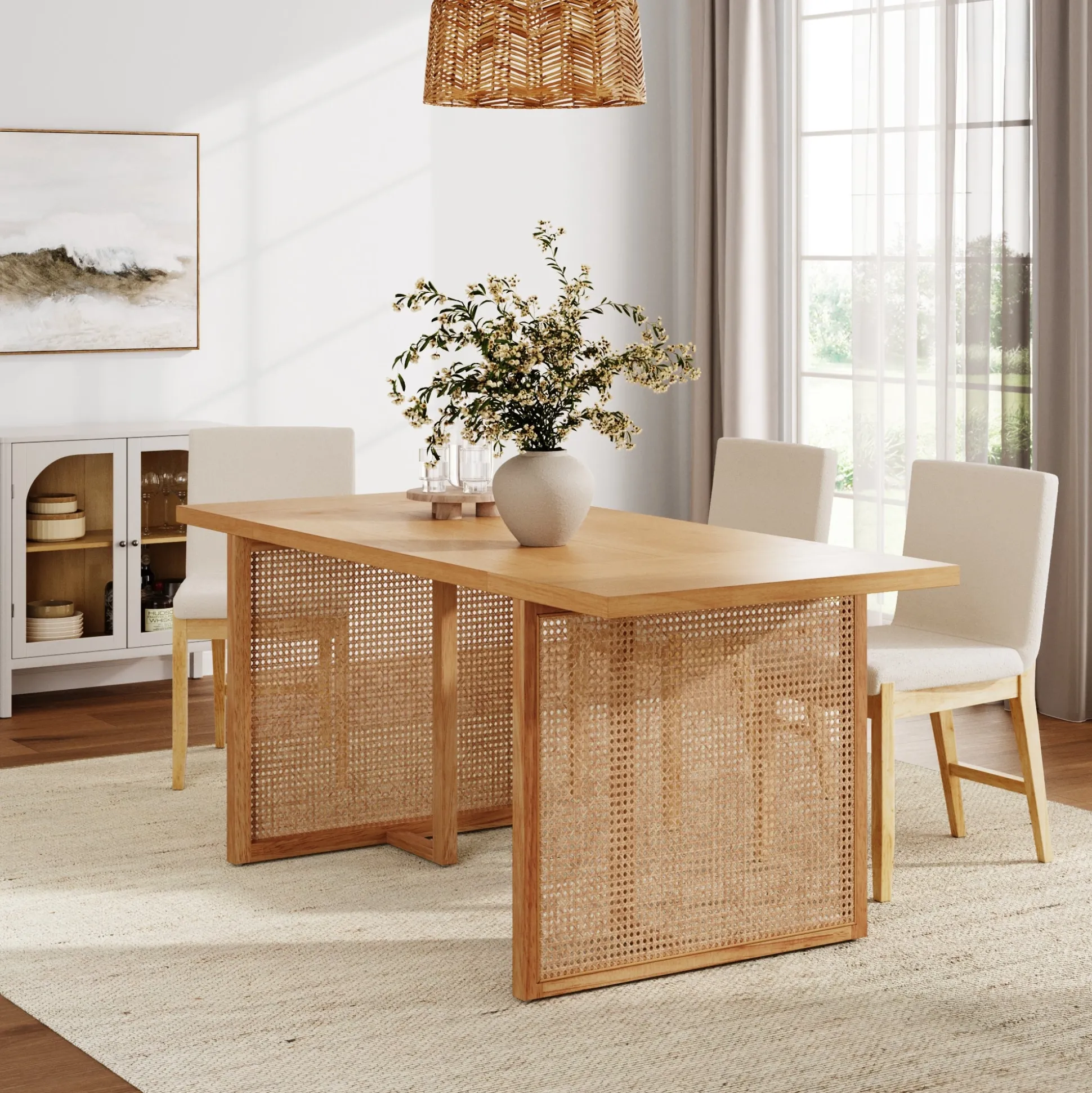 Bohemian Natural Wood & Rattan Dining Table