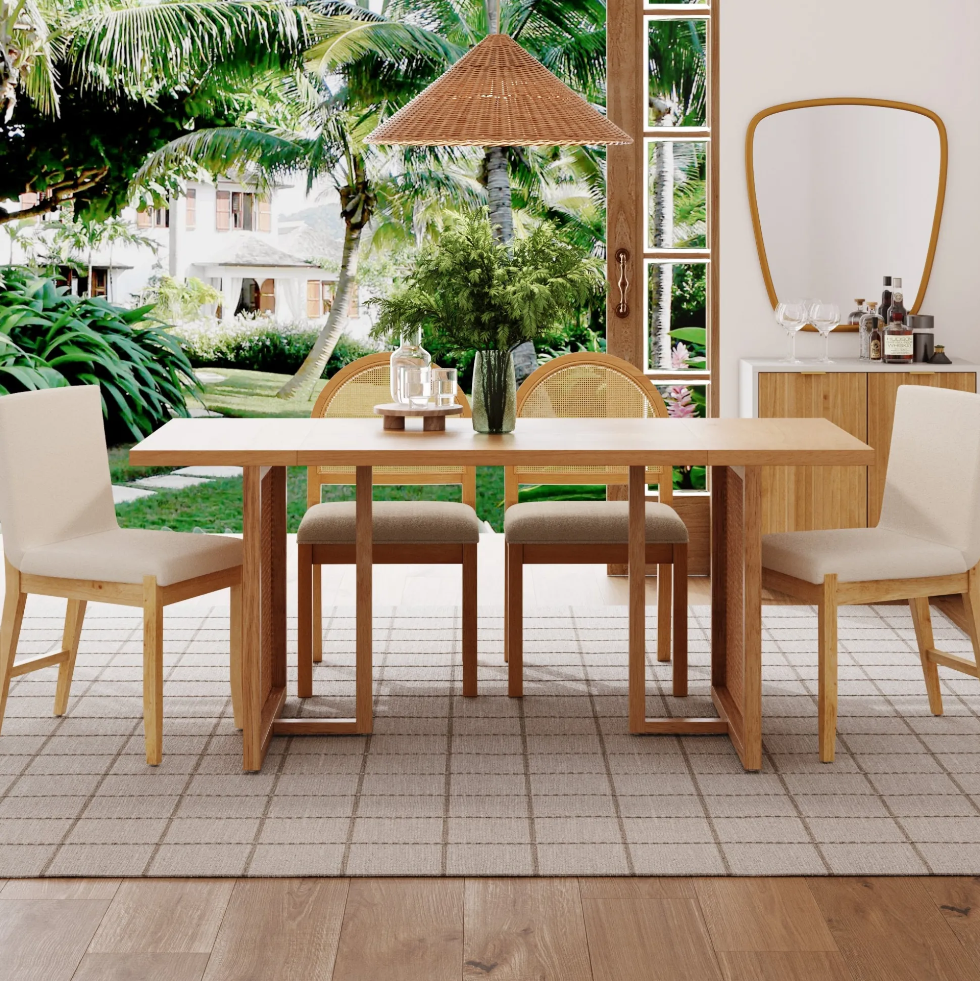 Bohemian Natural Wood & Rattan Dining Table