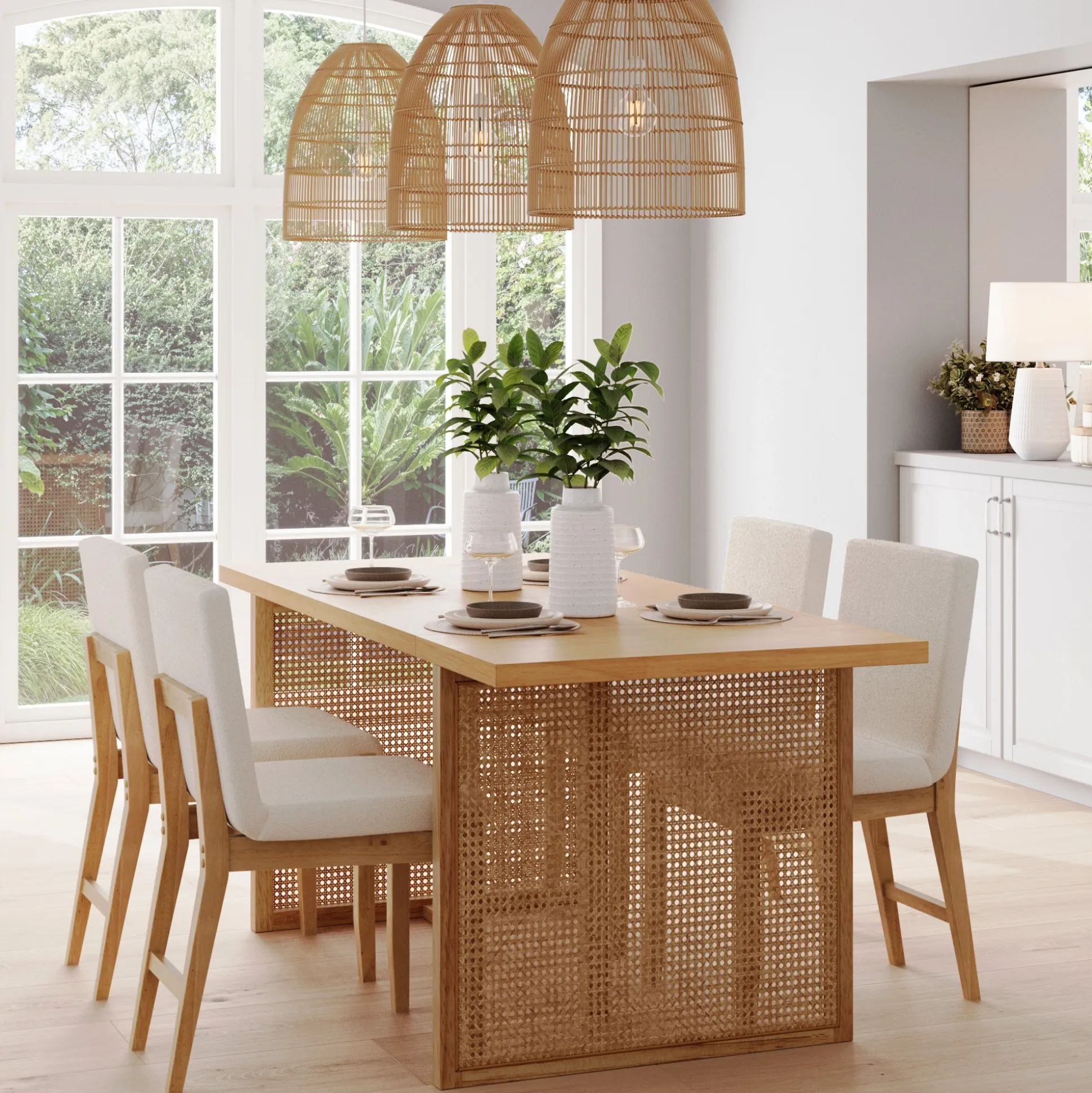 Bohemian Natural Wood & Rattan Dining Table