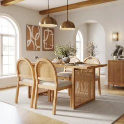 Bohemian Rattan & Boucle Dining Set (4 Chairs)