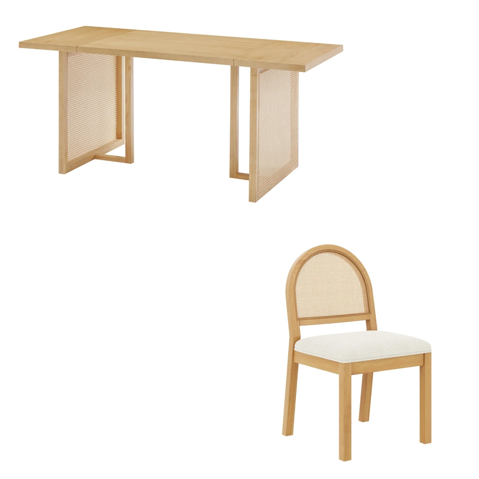 Bohemian Rattan & Boucle Dining Set (4 Chairs)