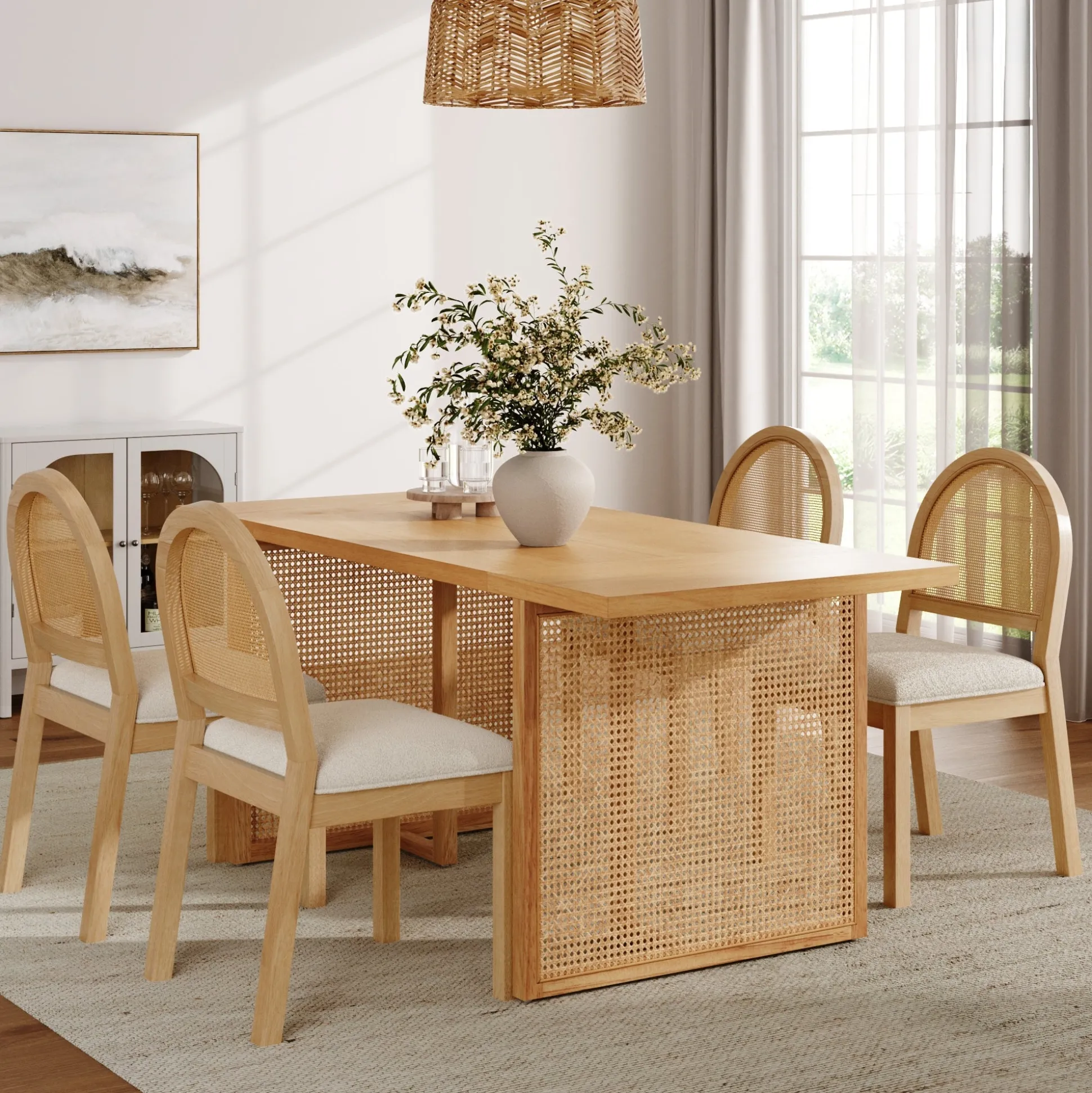 Bohemian Rattan & Boucle Dining Set (4 Chairs)