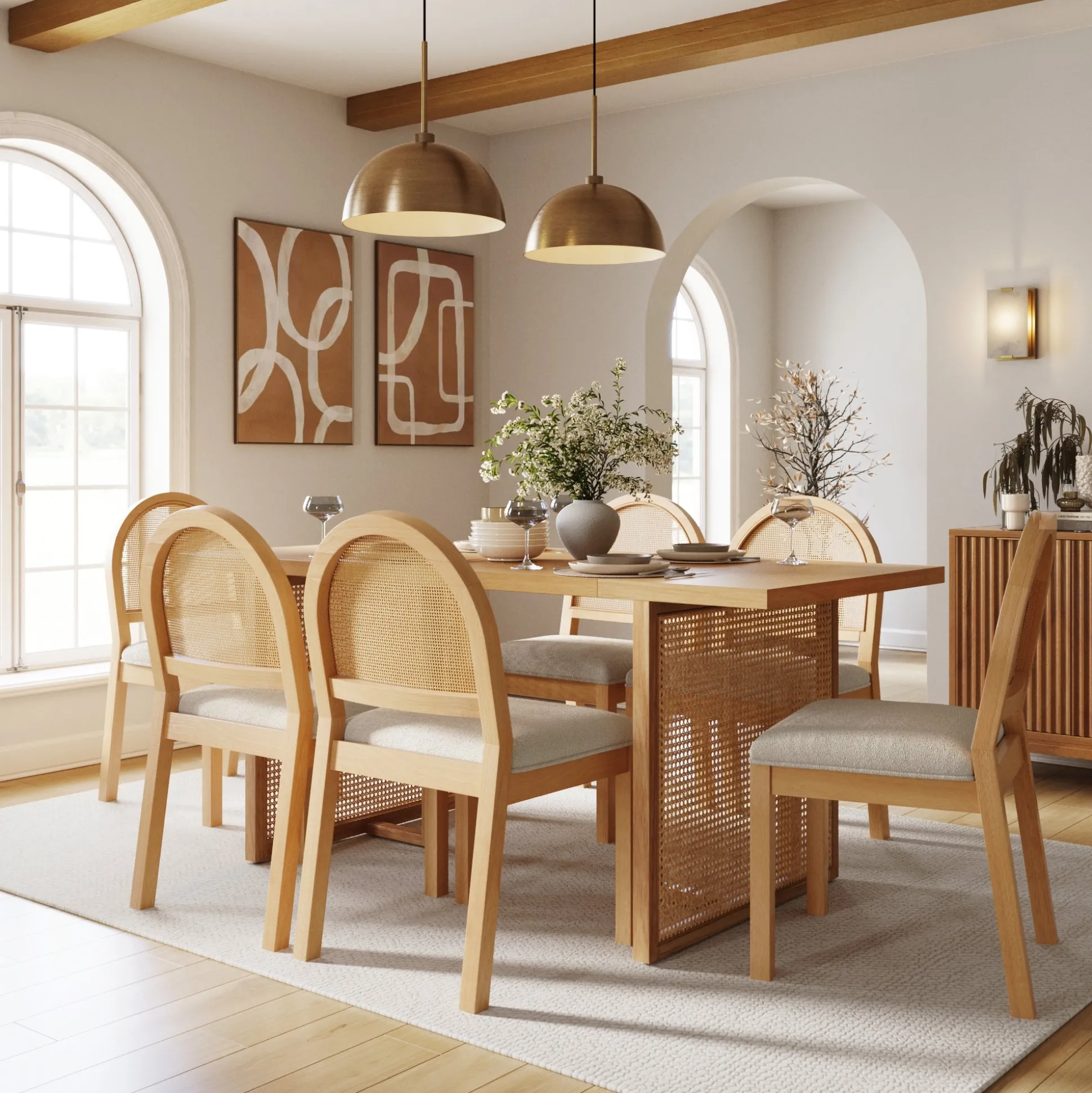 Bohemian Rattan & Boucle Dining Set (6 Chairs)