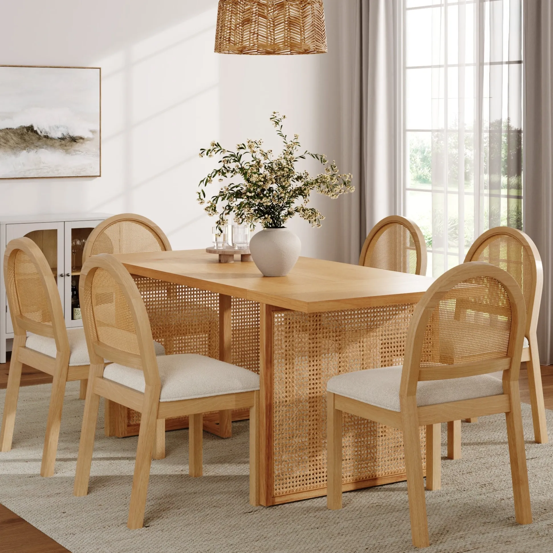 Bohemian Rattan & Boucle Dining Set (6 Chairs)