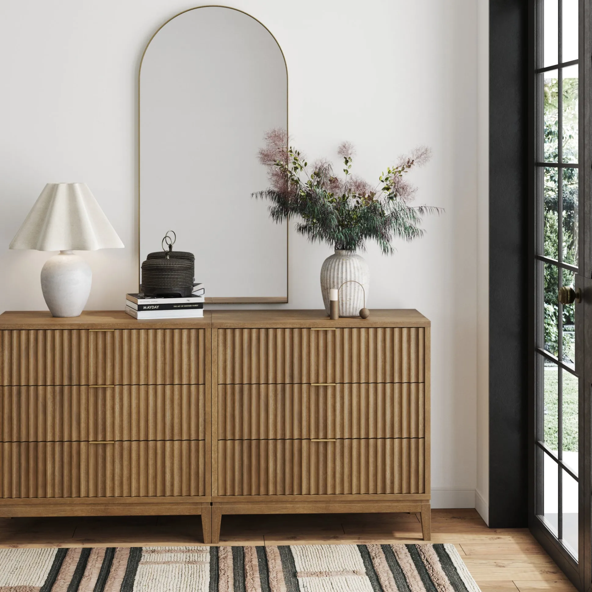 Bohemian Solid Wood 3-Drawer Fluted Dresser Light Brown (Set of 2)