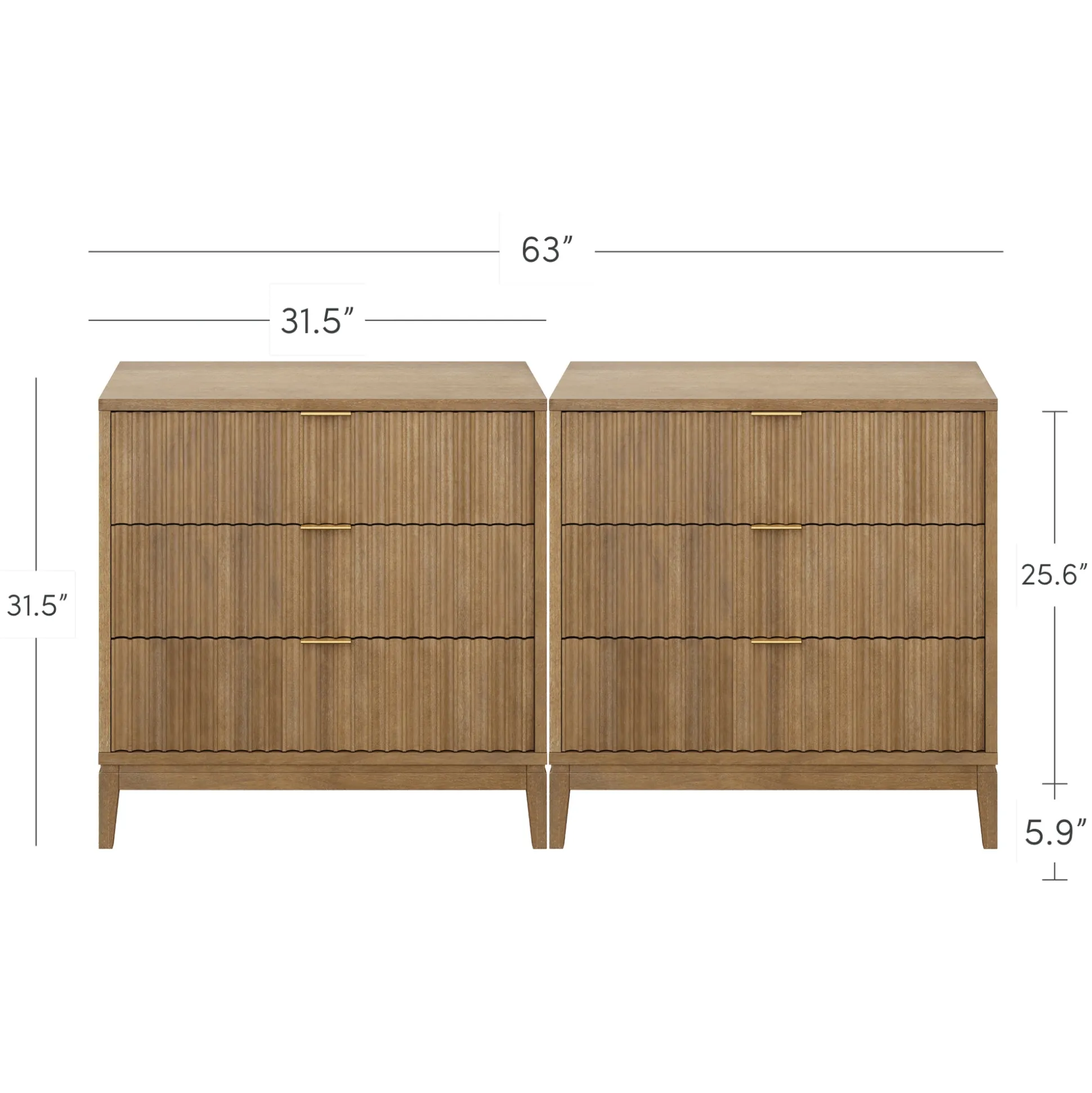 Bohemian Solid Wood 3-Drawer Fluted Dresser Light Brown (Set of 2)
