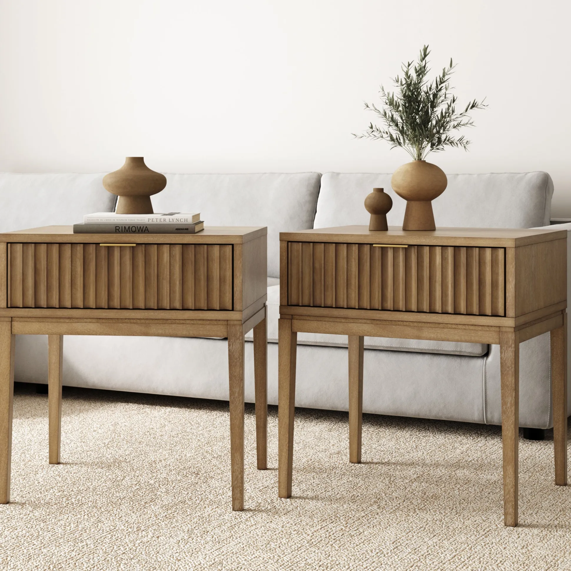 Bohemian Solid Wood Nightstand Set of 2 with Drawer Light Brown