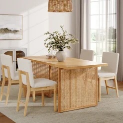 Bohemian Wood & Boucle Dining Set (4 Chairs)