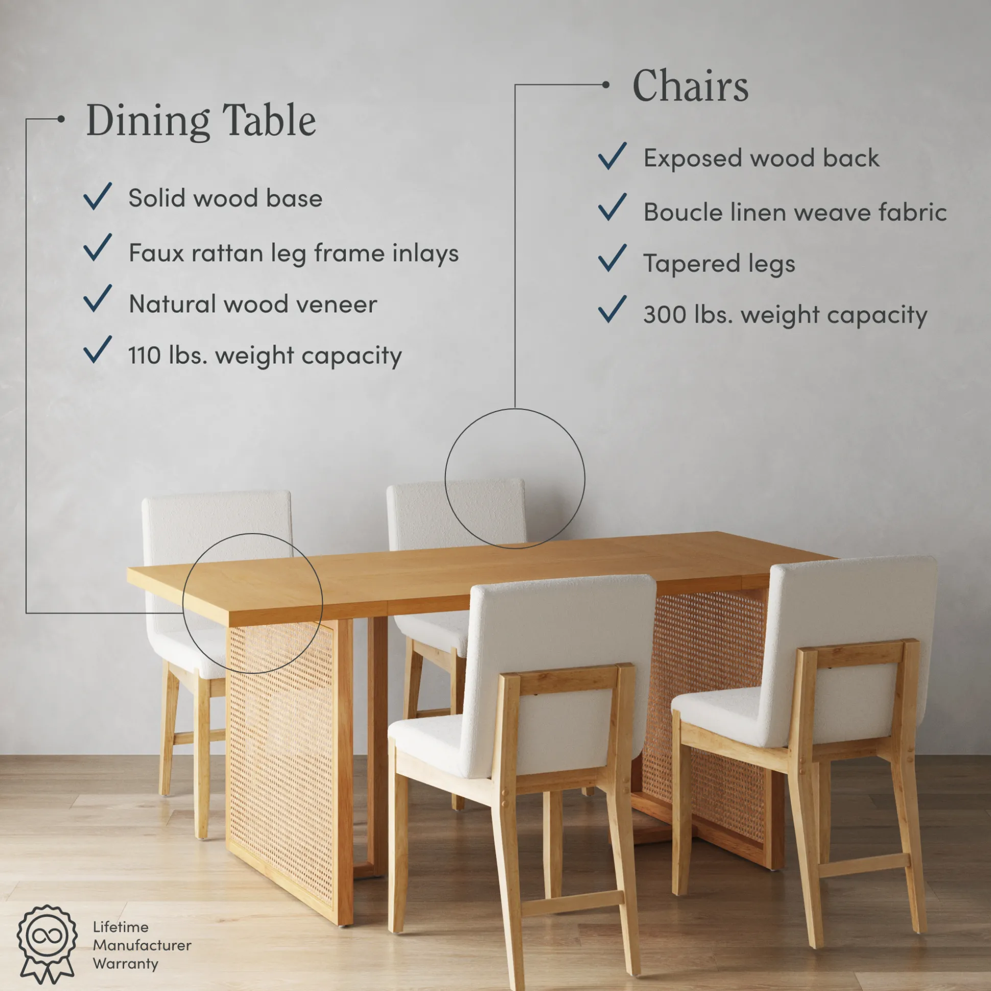 Bohemian Wood & Boucle Dining Set (4 Chairs)